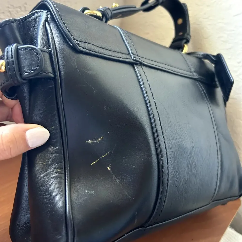Badgley Mischka Keyra Satchel Black Leather Gold Turnlock Classic Handbag